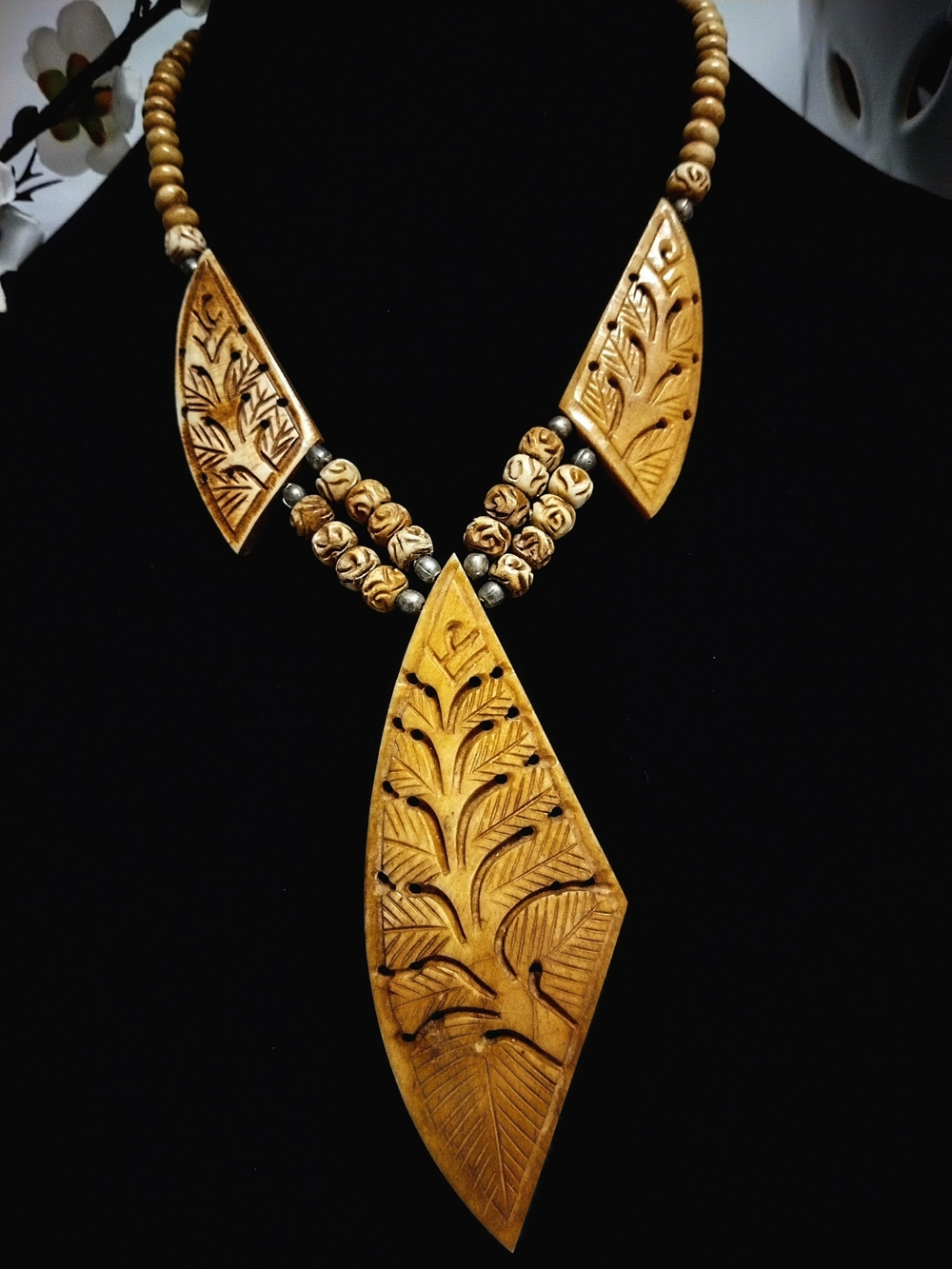 Handcrafted Carved Wood Pendant Necklace - Gold-Tone